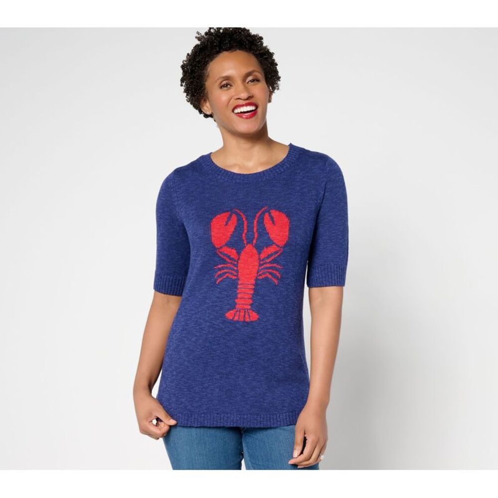 Denim & Co. Women's Top Sweater Sz S Patterned Elbow Sleeve Crew Blue A694614